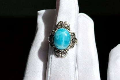 Natural Dominican High Quality Blue Larimar Silver Ring, Natural Larimar Ring, Silver Blue Larimar Ring, 天然高品质海纹石纯银戒指