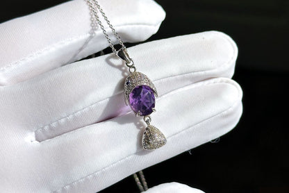 Natural Amethyst Pendant, Unheated Brazil Amethyst S925 Sterling Silver Pendant Necklace, 巴西天然紫晶纯银吊坠