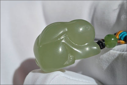Certified Natural Lake-Green Nephrite Jade Carved Little Rabbit Pendant | Handcrafted Jade | High-Quality Icy Jade Charm,天然冰湖水绿软玉小兔子吊坠