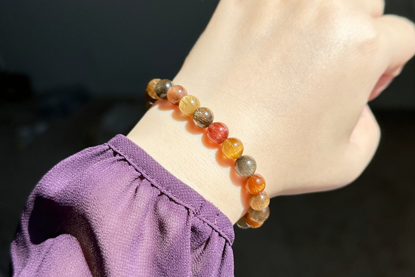 8mm, Certified Natural Collection's Grade Natural Cat Eye Multicolor Rutilated Quartz bracelet, Rutilated Beads bracelet, 收藏级天然满顺猫眼彩发晶手串
