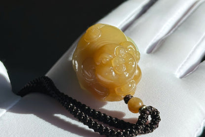 Certified Natural High-quality Qiemo Sugar-White Nephrite Jade Hand Carved "Fortune Pig" pendant, 天然精品且末糖白和田玉手工雕刻福猪吊坠