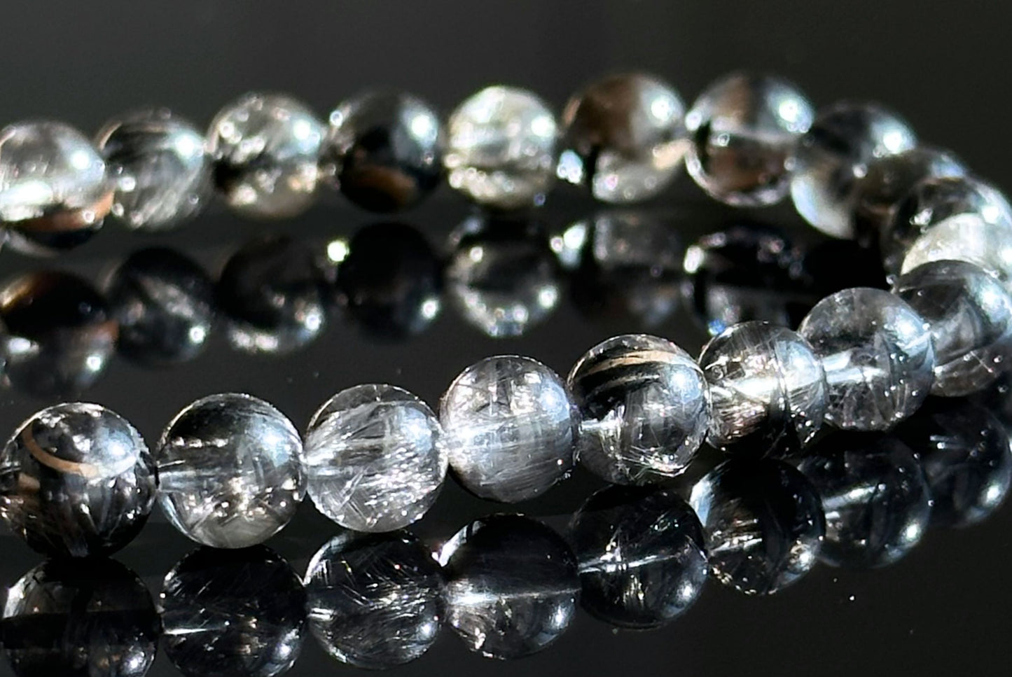 6.5mm+, Certified Rare Natural Top Grade Black Brookite Rutilated quartz Beads Bracelet, Silver Brookite in quartz bracelet, 收藏级黑银钛晶手串