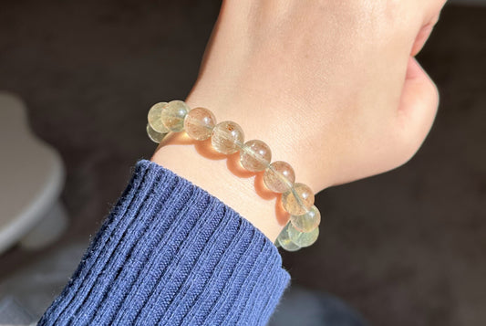 11mm+, Certified Rare Find, Collector's Grade Natural High Clarity Arusha Green Beryl Bracelet, 天然坦桑尼亚收藏级阿鲁沙金太阳绿柱石手串