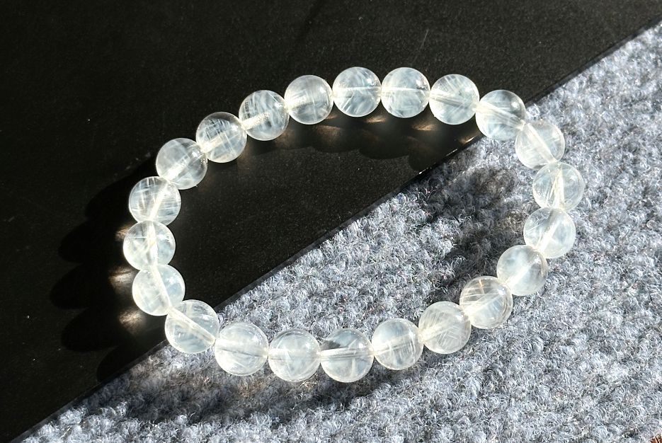 8.5mm+, Certified Top Grade Blue Needle Quartz Bracelet, Angel wing High Clarity Blue Needle Bracelet, 近无棉全净体收藏级显针级蓝针水晶手串