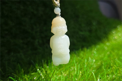 Certified Natural Russian White Nephrite Jade Hand Carved Little Wealth Bringer Pendant, 天然俄料和田白玉带糖手工雕刻小地主吊坠