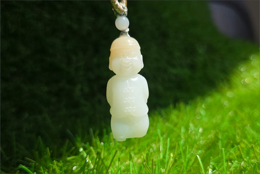 Certified Natural Russian White Nephrite Jade Hand Carved Little Wealth Bringer Pendant, 天然俄料和田白玉带糖手工雕刻小地主吊坠
