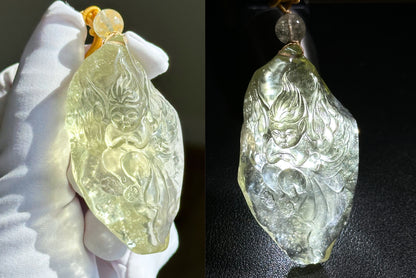 42.736Grams, Natural Authentic Libyan Desert Glass Tektite Hand Carved Butterfly Fairy Pendant, Genuine Libyan Desert glass Pendant, 天然利比亚黄金陨石手雕蝴蝶仙子吊坠