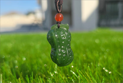 Certified Natural Siberian Spinach Green Nephrite Jade Hand Carved Peanut Pendant, 天然俄料辣菠菜绿碧玉手工雕刻花生吊坠