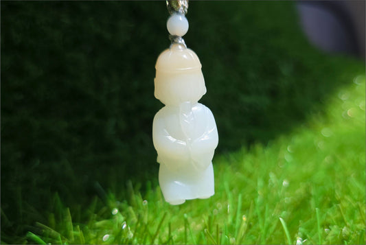 Certified Natural Russian White Nephrite Jade Hand Carved Little Wealth Bringer Pendant, 天然俄料和田白玉带糖手工雕刻小地主吊坠