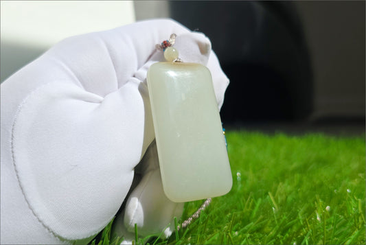 Certified Natural Qiemo Warm White Nephrite Jade Wushi pai Peace Amulet Pendant, 天然正装35且末白和田玉无事牌吊坠