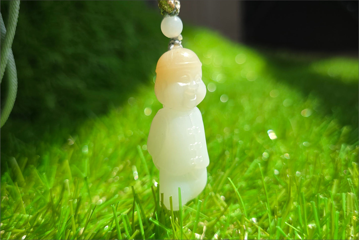 Certified Natural Russian White Nephrite Jade Hand Carved Little Wealth Bringer Pendant, 天然俄料和田白玉带糖手工雕刻小地主吊坠