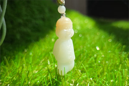 Certified Natural Russian White Nephrite Jade Hand Carved Little Wealth Bringer Pendant, 天然俄料和田白玉带糖手工雕刻小地主吊坠