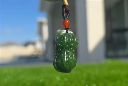 Certified Natural Siberian Spinach Green Nephrite Jade Hand Carved Peanut Pendant, 天然俄料辣菠菜绿碧玉手工雕刻花生吊坠