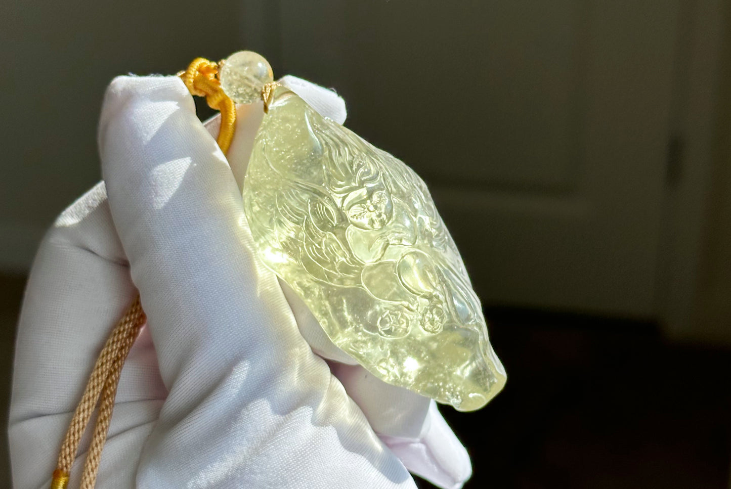 42.736Grams, Natural Authentic Libyan Desert Glass Tektite Hand Carved Butterfly Fairy Pendant, Genuine Libyan Desert glass Pendant, 天然利比亚黄金陨石手雕蝴蝶仙子吊坠
