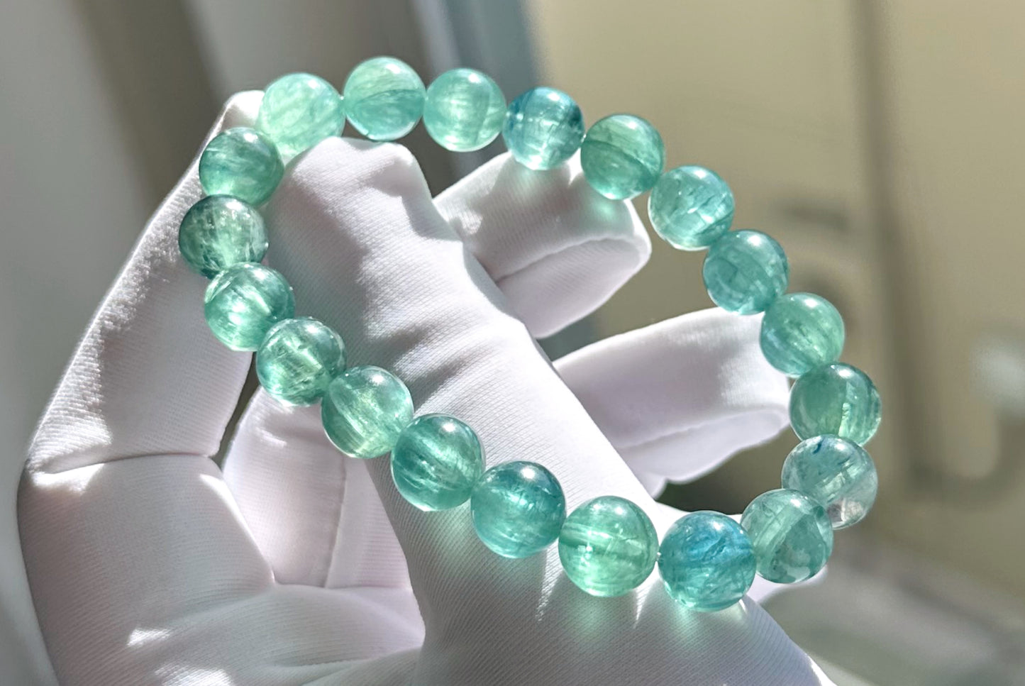 9mm, Certified Undyed Grade Icy Transparent Greenish Blue Kyanite Bracelet, Kyanite Bracelet, 稀有透体无烤无染冰透体绿蓝晶石