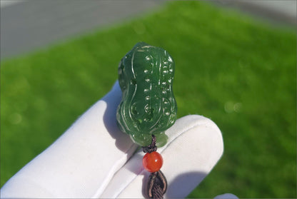 Certified Natural Siberian Spinach Green Nephrite Jade Hand Carved Peanut Pendant, 天然俄料辣菠菜绿碧玉手工雕刻花生吊坠