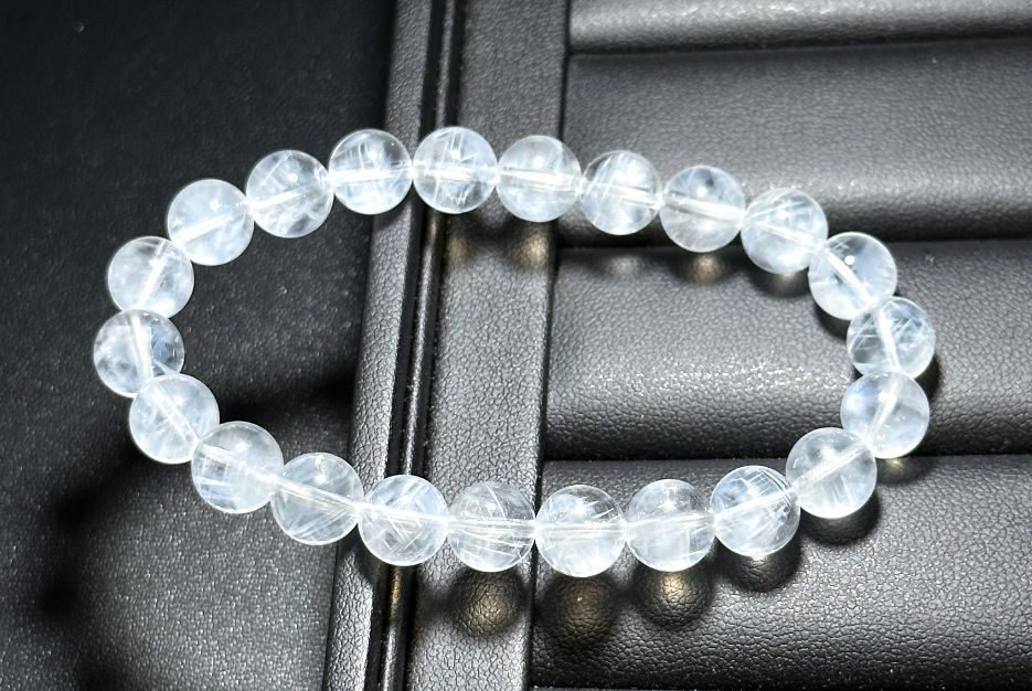8.5mm+, Certified Top Grade Blue Needle Quartz Bracelet, Angel wing High Clarity Blue Needle Bracelet, 近无棉全净体收藏级显针级蓝针水晶手串