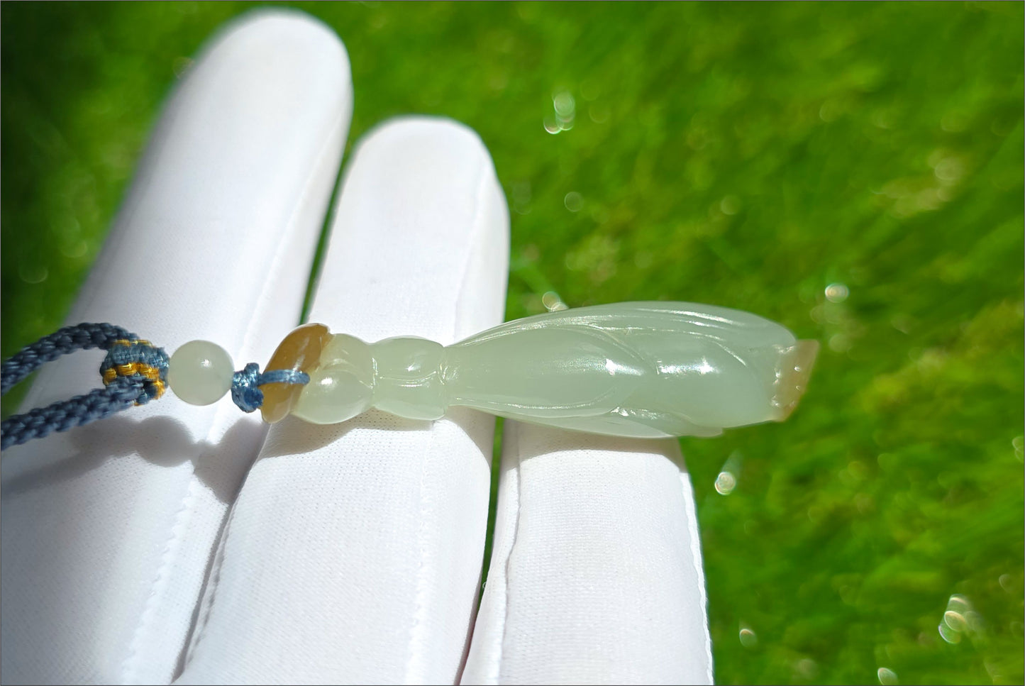 Certified Natural Qiemo Blue and Sugar Nephrite Jade Hand Carved Magnolia Flower Pendant, 天然且末冰蓝带天地糖手工雕刻玉兰花吊坠