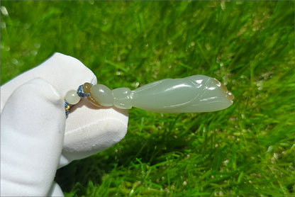 Certified Natural Qiemo Blue and Sugar Nephrite Jade Hand Carved Magnolia Flower Pendant, 天然且末冰蓝带天地糖手工雕刻玉兰花吊坠