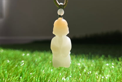 Certified Natural Russian White Nephrite Jade Hand Carved Little Wealth Bringer Pendant, 天然俄料和田白玉带糖手工雕刻小地主吊坠