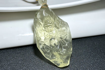 42.736Grams, Natural Authentic Libyan Desert Glass Tektite Hand Carved Butterfly Fairy Pendant, Genuine Libyan Desert glass Pendant, 天然利比亚黄金陨石手雕蝴蝶仙子吊坠