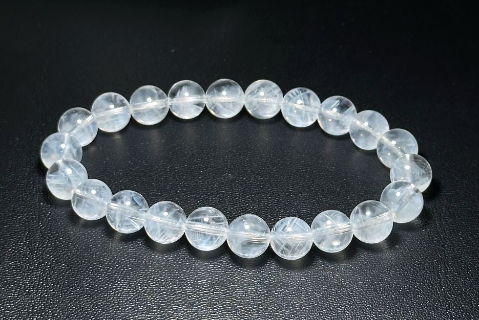 8.5mm+, Certified Top Grade Blue Needle Quartz Bracelet, Angel wing High Clarity Blue Needle Bracelet, 近无棉全净体收藏级显针级蓝针水晶手串