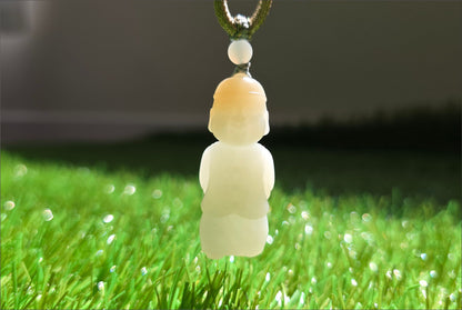 Certified Natural Russian White Nephrite Jade Hand Carved Little Wealth Bringer Pendant, 天然俄料和田白玉带糖手工雕刻小地主吊坠