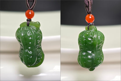 Certified Natural Siberian Spinach Green Nephrite Jade Hand Carved Peanut Pendant, 天然俄料辣菠菜绿碧玉手工雕刻花生吊坠