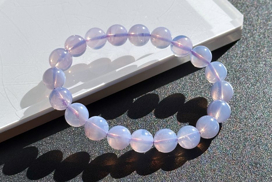 9.6mm+, Certified Natural Lavender Moon Quartz Bracelet, Natural Lavender Quartz Bracelet,天然薰衣草紫玉晶手串