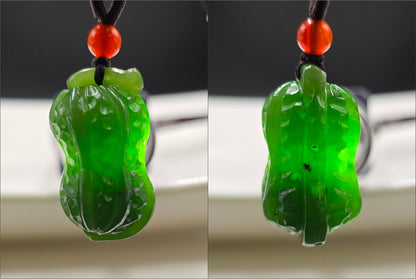 Certified Natural Siberian Spinach Green Nephrite Jade Hand Carved Peanut Pendant, 天然俄料辣菠菜绿碧玉手工雕刻花生吊坠