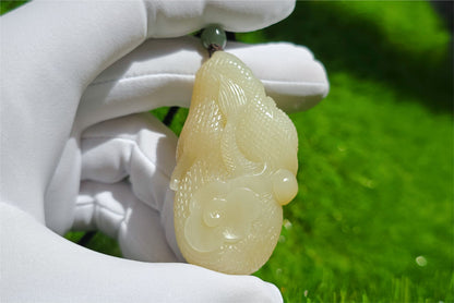 Certified Natural Ruoqiang yellow nephrite jade hand-carved dragon pendant, 天然若羌黄口和田玉手工雕刻龙吊住