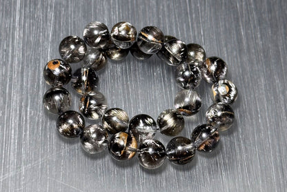6.5mm+, Certified Rare Natural Top Grade Black Brookite Rutilated quartz Beads Bracelet, Silver Brookite in quartz bracelet, 收藏级黑银钛晶手串