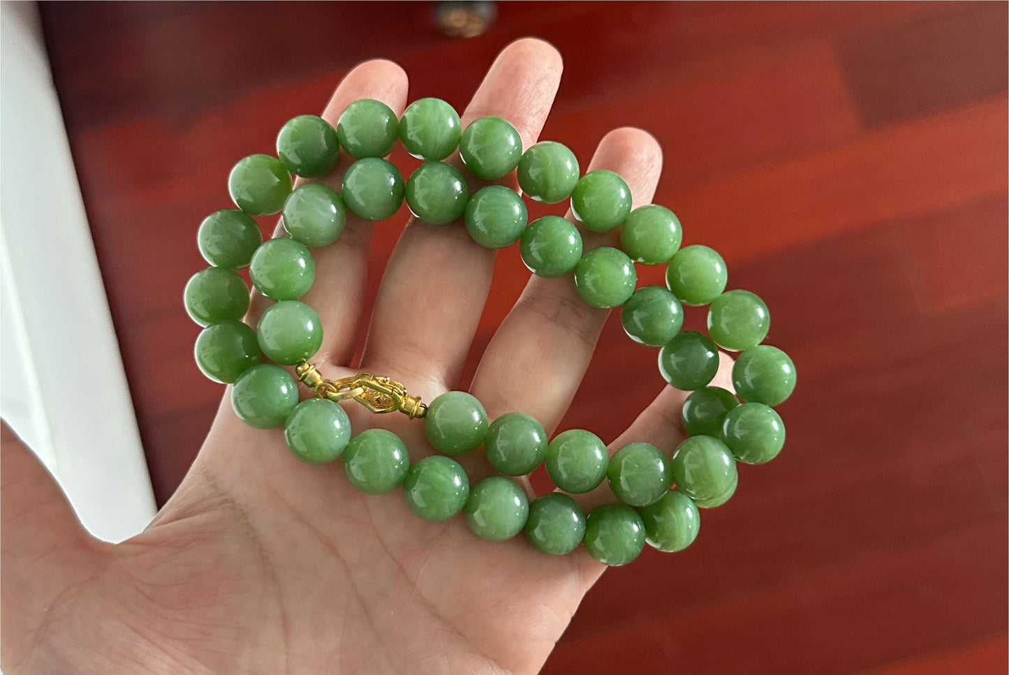 12mm, Certified Natural Powder Green Nephrite Jade Bead Necklace, 天然俄料7号矿色标粉绿项链