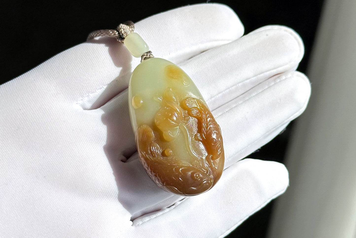 Certified Natural High-Quality Qiemo Sugar-White Nephrite Jade Hand Carved Lotus & Koi Pendant, 天然且末糖白手工雕刻莲花鱼吊坠