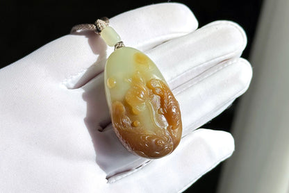 Certified Natural High-Quality Qiemo Sugar-White Nephrite Jade Hand Carved Lotus & Koi Pendant, 天然且末糖白手工雕刻莲花鱼吊坠