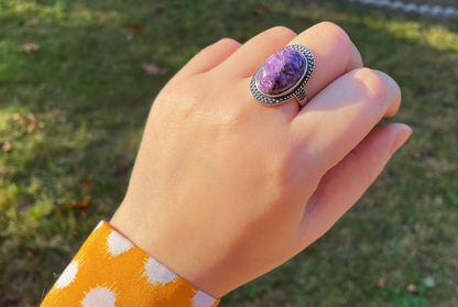 Natural Top Grade Charoite Silver Ring, Purple Charoite with best looking swirls patterns, Natural Charoite Ring, 天然收藏级俄罗斯紫龙晶纯银戒指