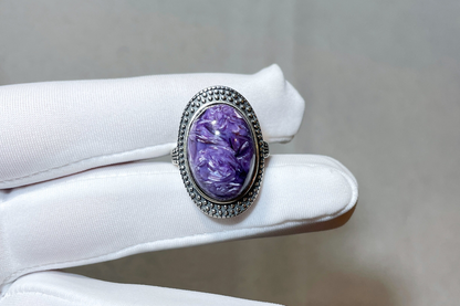 Natural Top Grade Charoite Silver Ring, Purple Charoite with best looking swirls patterns, Natural Charoite Ring, 天然收藏级俄罗斯紫龙晶纯银戒指