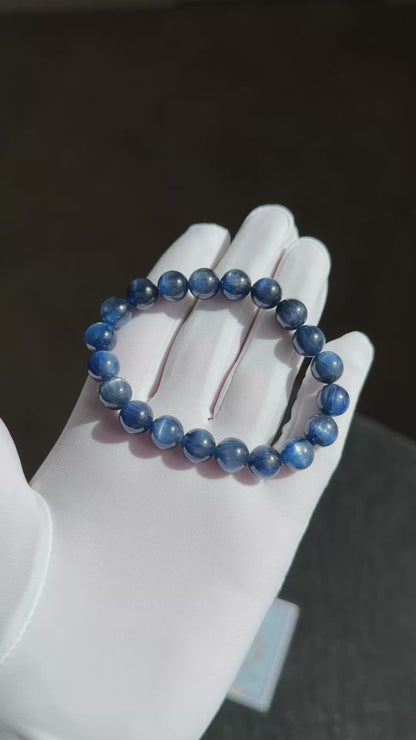 9.5mm+, Certified Undyed Top Grade Blue Kyanite Bracelet, Kyanite Bracelet, Full chatoyant Blue Kyanite, 天然无烤无染猫眼蓝晶石