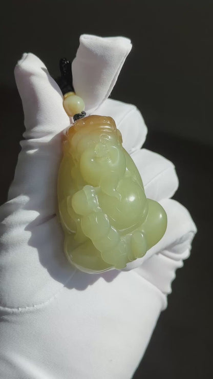Certified Natural High-Quality Ruoqiang Yellow Nephrite Jade with Sugar Hand-Carved God of Wealth Big Pendant, 天然若羌黄口带糖手工雕刻财神吊坠