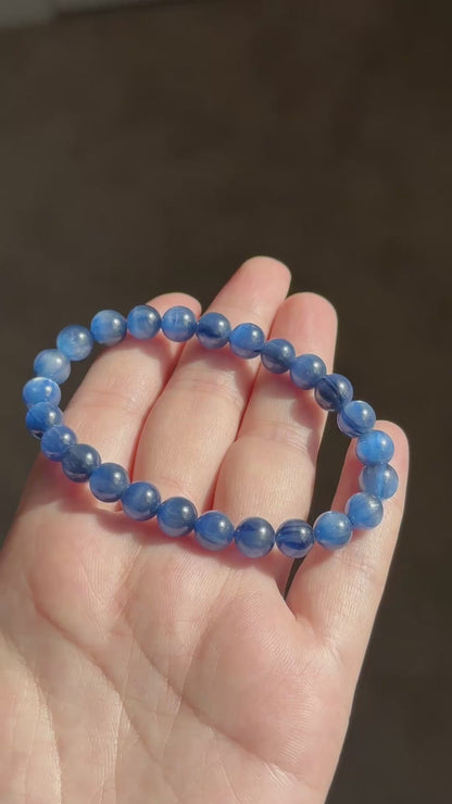 7.5mm+, Certified Undyed Top Grade Blue Kyanite Bracelet, Kyanite Bracelet, Full chatoyant Blue Kyanite, 天然无烤无染猫眼蓝晶石