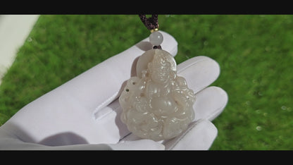 Certified Natural High Quality Lotus Pink Nephrite Jade Carved ellow Dzambhala Pendant, 天然藕粉和田玉雕刻黄财神吊坠