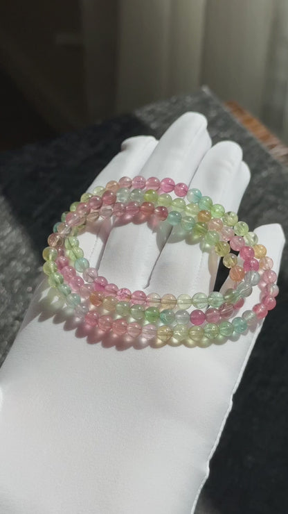 5mm+, Certified Natural Macaron High Clarity Three Wraps Tourmaline Bracelet, High Grade Rainbow Tourmaline Bracelet, 天然仙女马卡龙色玻璃体碧玺手串