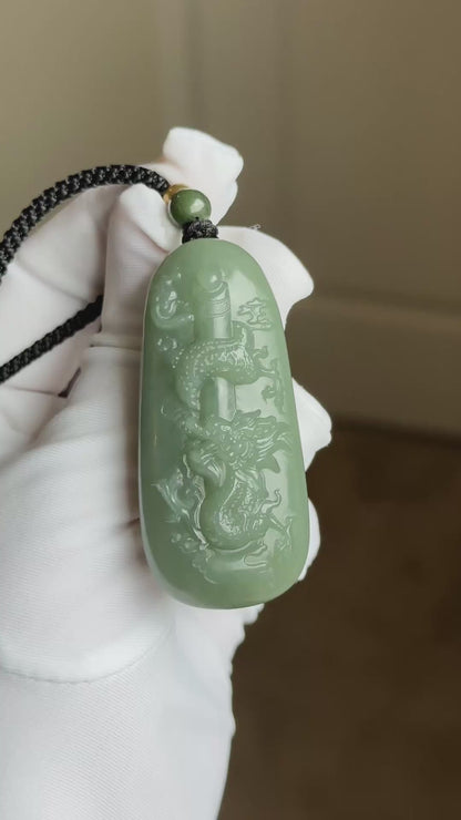Certified Natural Qiemo Blue Nephrite Jade Carved Dragon Pillar Pendant, 天然且末蓝龙盘柱吊坠