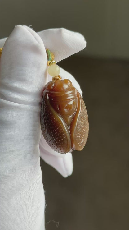 Certified Natural Full Brown Sugar Nephrite Jade Hand-Carved Cicada Pendant, 天然且末糖手工雕刻一鸣惊人(蝉)吊坠