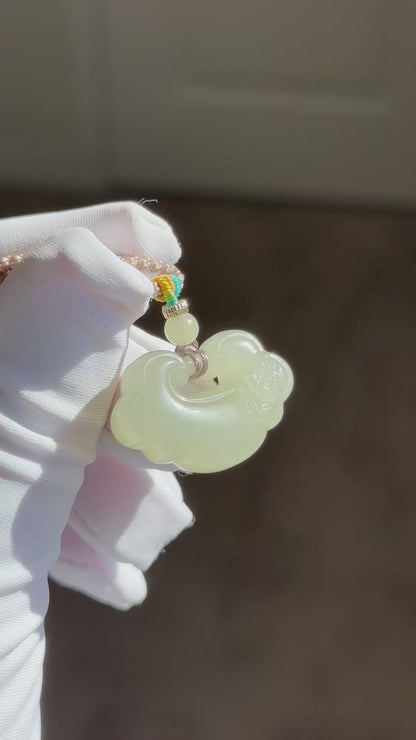 Certified Natural Qingshui Nephrite Jade Carved Lotus Peace Lock Pendant, Jade Lock Pendant, 天然和田玉冰晴水平安锁吊坠