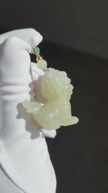 Certified Natural QingShui Nephrite Jade Carved Kirin Pendant, 天然晴水和田玉麒麟吊坠