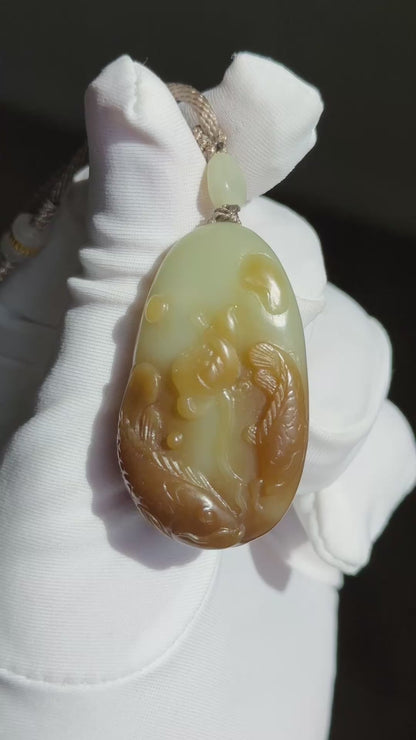 Certified Natural High-Quality Qiemo Sugar-White Nephrite Jade Hand Carved Lotus & Koi Pendant, 天然且末糖白手工雕刻莲花鱼吊坠