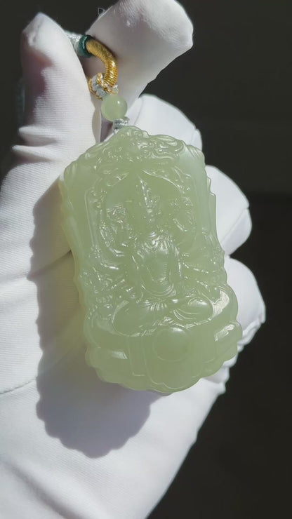 Certified Natural Green Qingshui nephrite jade Carved Thousand-Armed Avalokiteshvara Pendant, Nephrite Jade Guanyin, 天然绿晴水和田玉雕刻千手观音正装牌子吊坠