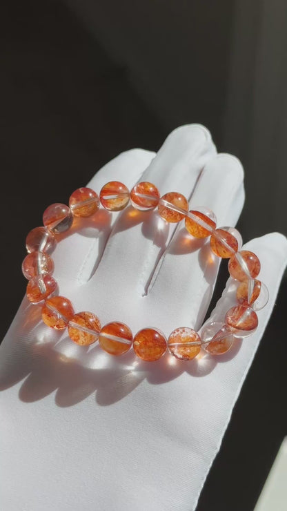 10.3mm+, Certified Natural Top Grade Fanta Hematoid Quartz Bead Bracelet, Fire Quartz bracelet, 天然顶级大闪片芬达橙胶花水晶手串