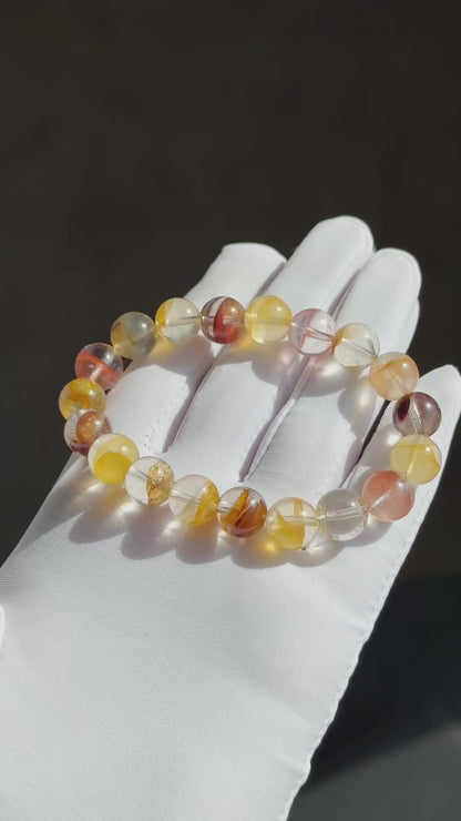 10.5mm+, Certified Natural Top Grade Yellow and Red Hematoid Quartz Bracelet, golden healer and fire quartz bracelet, 天然红黄胶花水晶手串